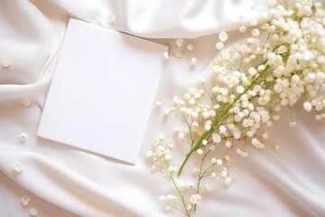 Empty wedding card, background with gypsophila flowers, satin ribbon and white background with empty space