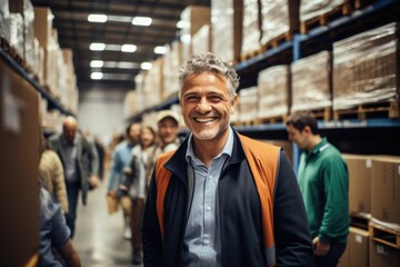 Businessman working to inspect goods while walking through a distribution warehouse