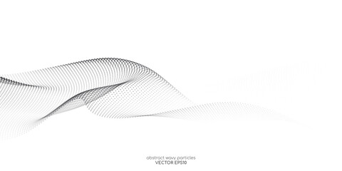 Flowing dots particles wave pattern 3D curve halftone black gradient curve shape isolated on white background. Vector in concept of technology, science, music, modern.