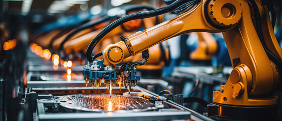 Robotic assembly line in an automotive factory - obrazy, fototapety, plakaty
