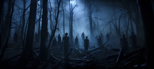 Dark secret society group do ritual at haunted foggy forest background. Generative AI technology.