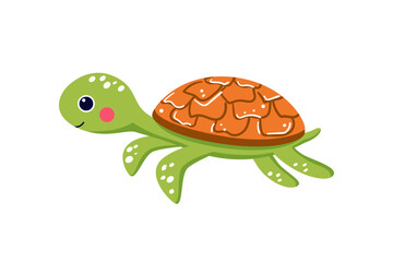 Funny baby sea turtle swimming underwater. Cute vector illustration drawn in cartoon style. Sea animal sticker, print for kids clothing