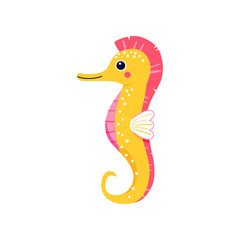 Cute baby seahorse drawn in flat style vector illustration. Sea animal sticker isolated on white background