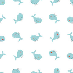 Cute baby whale summer print drawn in doodle style. Funny vector sea animals pattern for kids textile, wrapping paper