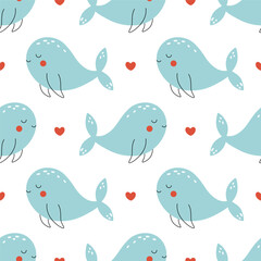 Cute baby whales summer print drawn in doodle style. Funny vector sea animals pattern for kids textile, wrapping paper