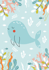 Cute baby whale swimming underwater. Sea animals, seaweeds. Summer vector illustration drawn in doodle style