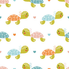 Cute summer pattern with baby sea turtles swimming underwater. Funny sea animals print for girly textile, wrapping paper