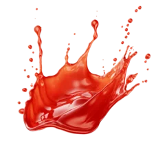Fotobehang Macrofotografie Set of red drops and splashes of ketchup or sauce isolated on white background. With clipping path. Full depth of field. Focus stacking. PNG. Generative AI