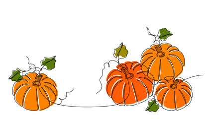Pumpkins in continuous line art drawing style. Hand drawn vector illustration. Autumn harvest concept.