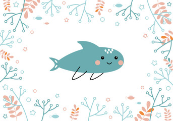 Cute baby shark swimming underwater. Sea animals, fishes, seaweeds. Summer vector illustration drawn in doodle style