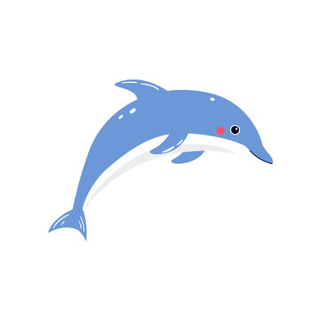 Cute blue dolphin. Cartoon vector illustration drawn in flat style. Swimming sea animal