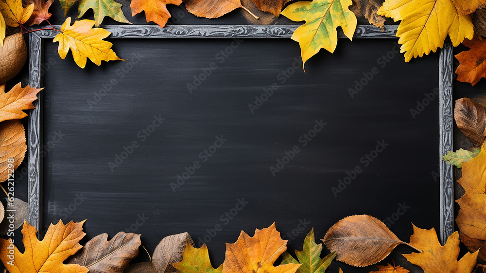 Wall mural background frame school chalkboard black framed with yellow autumn leaves. generative ai