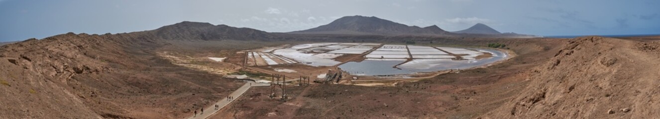 Huge panorama landscape photo of dry desert salt flats during summer in Pedra Lume, Cape Verde