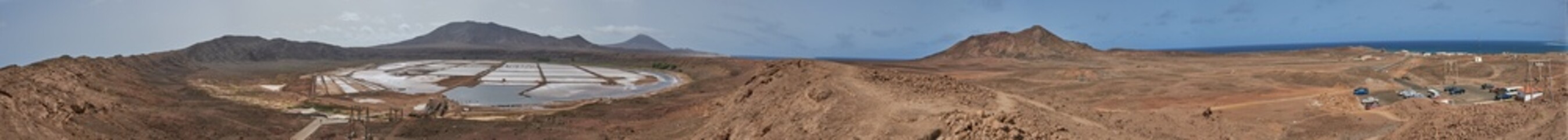 Huge panorama landscape photo of dry desert salt flats during summer in Pedra Lume, Cape Verde