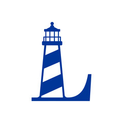 Logo Nautical. Icono de torre marítima en puerto. Letra inicial L con faro de luz © teracreonte