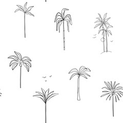 Hand drawn vector abstract simple minimalistic graphic drawing tropical seamless pattern with exotic palm tree. Summer palm beach modern design concept.Summer boho tropical palm tree seamless pattern. - 626212636