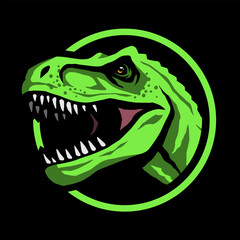 Roaring tyrannosaurus. T-rex Logo emblem on a dark background. Vector illustration.