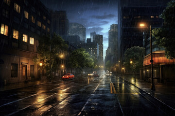 Downtown street view on a rainy night. Cityscape against cloudy sky in the background.