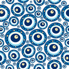 Evil eye vector seamless pattern. Magic, witchcraft, occult symbol, line art collection. Hamsa eye, magical eye, decor element. Blue, white, eyes. Fabric, textile, giftware, wallpaper.