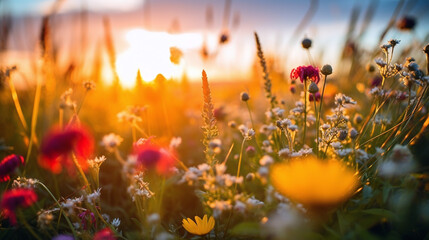 Flower field in sunlight, spring or summer garden background in closeup macro. Flowers meadow field by AI generative - Powered by Adobe