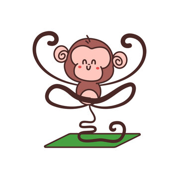 Cute monkey in yoga pose vector cartoon character isolated on a white background.