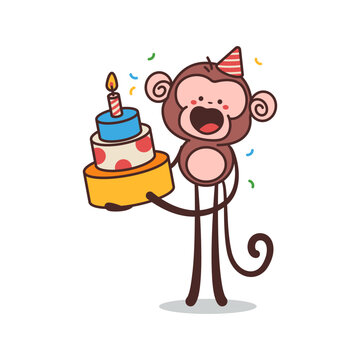 Cute monkey celebrating birthday vector cartoon character isolated on a white background.