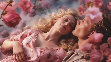 Couple in roses flowers field lying on grass meadow, young man and woman in pink dress, head to head in flowers. Beauty and fashion bay AI generative - Powered by Adobe
