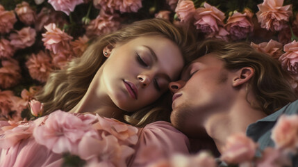 Couple in roses flowers field lying on grass meadow, young man and woman in pink dress, head to head in flowers. Beauty and fashion bay AI generative