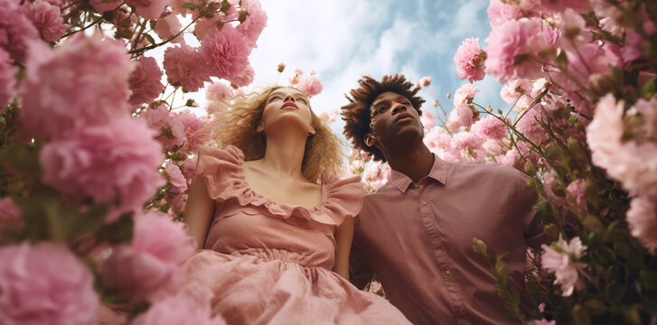 Fashion man and woman in flowers field. Young black man in suit and blond woman in pink dress in high grass flowers, fashion models by AI generative
