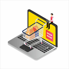 Man online shopping with a laptop and shopping cart, isometric illustration isolated on white background