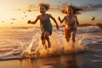 Happy kids running, playing and splashing on the beautiful beach in sunset. Generative AI