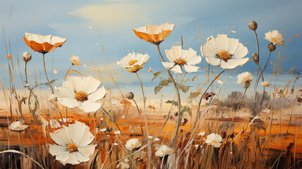 blurred background of daisies on the indian summer field oil painting impressionism. Generative AI