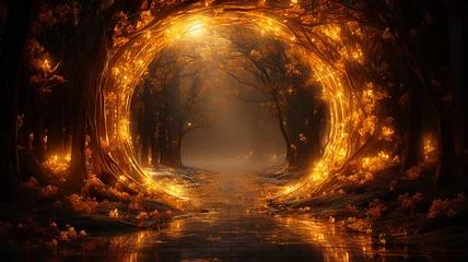 Fotobehang Fantasie landschap luminous arch tunnel in the trees alley in golden leaves autumn background. Generative AI