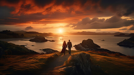romantic couple on the cliff, from the back looking the sunset