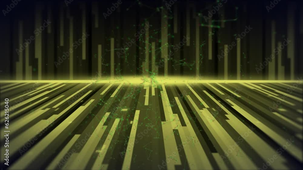 Poster animation of yellow light trails and neon yellow lines moving on seamless loop on dark background
