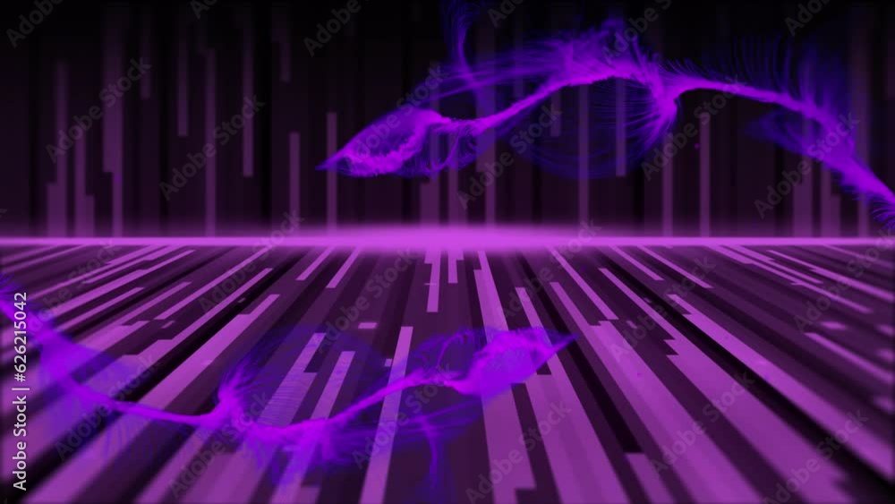 Poster animation of purple light trails and neon purple lines moving on seamless loop on dark background