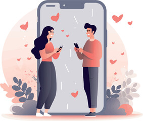 Smartphone with male and female profiles. Friends chatting. New generation. The concept of social networks, virtual relationships. Friends chatting and texting. Vector illustration