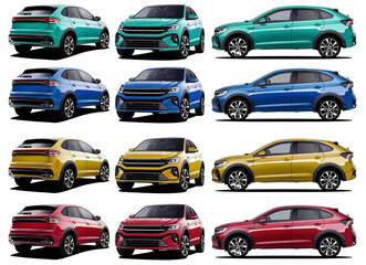 Realistic Vector Car Collection Colored in Green, Blue, Yellow and Red Car SUV with Gradients  in manual tracing with Front back and side view