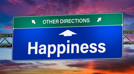 Symbolic road sign indicating direction to happiness