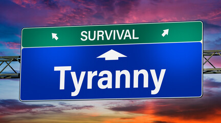 Symbolic road sign indicating direction to tyranny