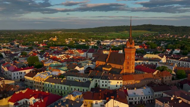 Drone footage with architecture of old town in Tarn&oacute;w