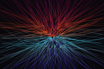 Abstract Vector Tech Flow Line of Red, Orange, Blue Colors. Dynamite Random Chaotic Lines for Book, Cover, Magazine, Poster, Album, Front Page. Art Pattern Geometric Laser Beams.