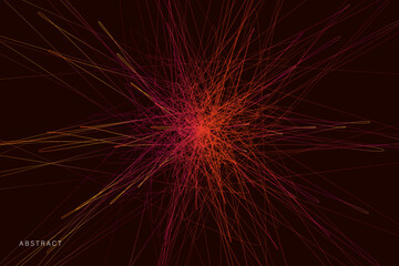 Abstract Vector Tech Flow Line of Red, Orange Colors. Dynamite Random Chaotic Lines for Book, Cover, Magazine, Poster, Album, Front Page. Art Pattern Geometric Laser Beams.