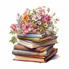 Watercolor books with flowers postcard, banner, poster: back to school hand draw isolated on white background.