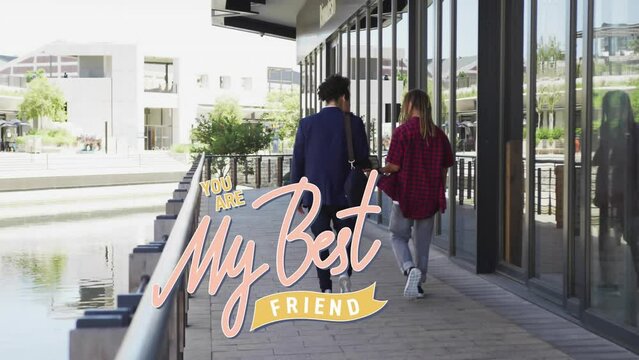 Animation of diverse people walking and my best friend text