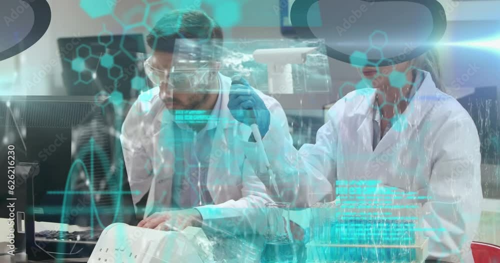 Poster animation of scientific data processing over diverse scientists in laboratory