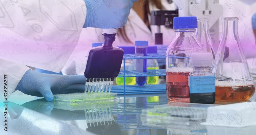 Poster animation of scientific data processing over diverse scientists in laboratory