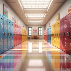 Photo of a school corridor with lockers for back to school banner.