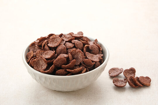 Bowl of cereal chocolate flavor, sweet crunchy 