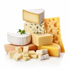 A variety of delicious cheeses displayed on a pristine white background